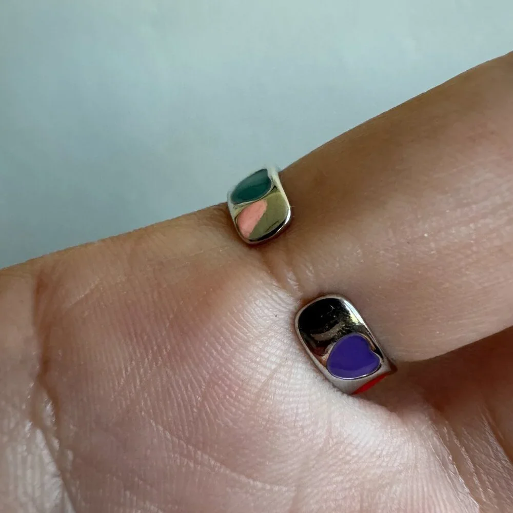 925 Sterling Silver Multicolor Heart Ring | Y2K Adjustable Enamel Band - Picture 5 of 6